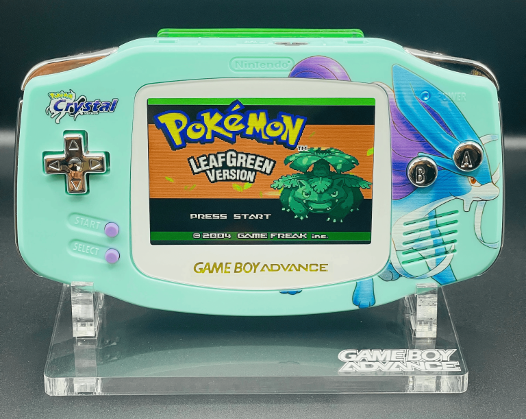 Are gameboys still worth it in 2025 shows a Close-up of a UV-printed Game Boy Advance with silver shiny custom buttons.