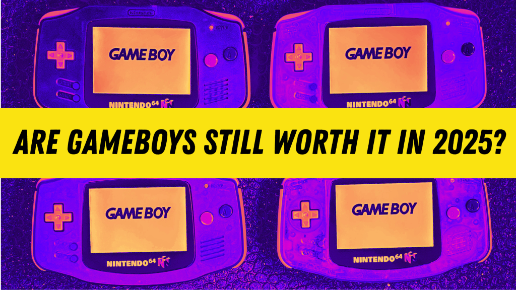 Are Gameboys Still Worth It In 2025 main blog image with 4 Gameboys laid out with a psychadelic retro purple color overlay