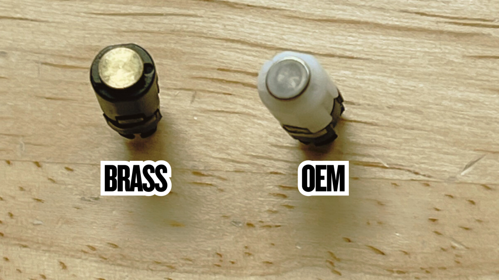 Side-by-side comparison of GBA SP brass hinges and OEM hinges showing the solid brass stalk versus worn original hinge construction