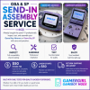 Promotional graphic for GamerGirl GameBoy Mods Send-In Assembly Service for Game Boy Advance and Game Boy Advance SP. The image features bold blue and purple text, photos of a completed purple GBA and purple GBA SP, and service steps for inspection, assembly, testing, and quality assurance. It lists a $50 intake fee, labor starting at $50, and return shipping included unless there are serious discrepancies between what was described and what was received.