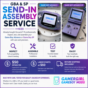 Promotional graphic for GamerGirl GameBoy Mods Send-In Assembly Service for Game Boy Advance and Game Boy Advance SP. The image features bold blue and purple text, photos of a completed purple GBA and purple GBA SP, and service steps for inspection, assembly, testing, and quality assurance. It lists a $50 intake fee, labor starting at $50, and return shipping included unless there are serious discrepancies between what was described and what was received.